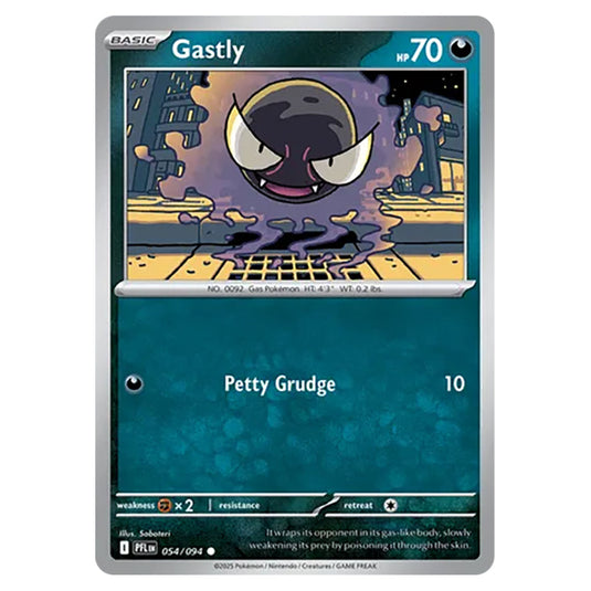Gastly 054 reverse holo card from the Pokemon set Mega Evolution - Phantasmal Flames
