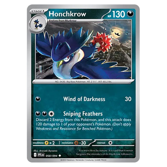 Honchkrow 058 card from the Pokemon set Mega Evolution - Phantasmal Flames
