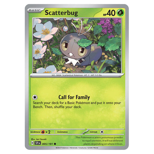 Scatterbug 005 card from the Pokemon set Surging Sparks