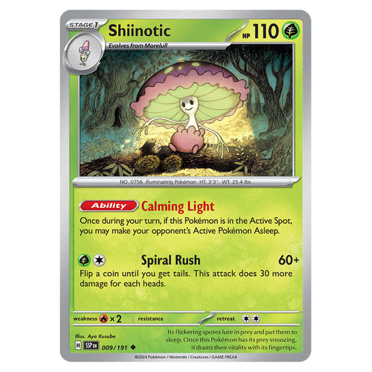 Shiinotic 009 card from the Pokemon set Surging Sparks