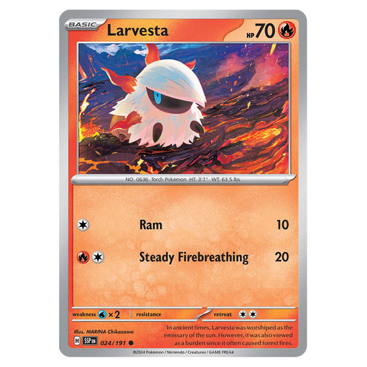 Larvesta 024 card from the Pokemon set Surging Sparks