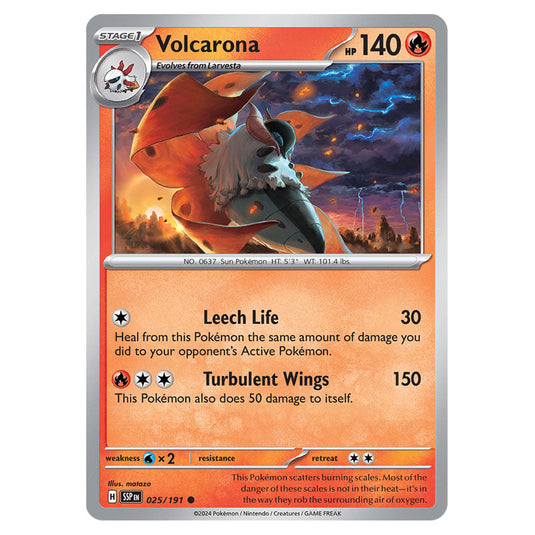 Volcarona 025 card from the Pokemon set Surging Sparks