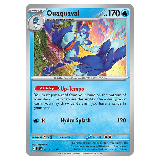 Quaquaval 052 card from the Pokemon set Surging Sparks