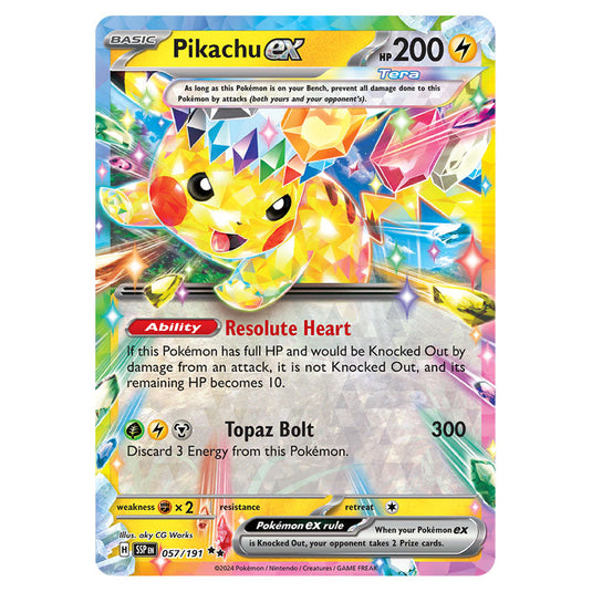 Pikachu ex 057 card from the Pokemon set Surging Sparks