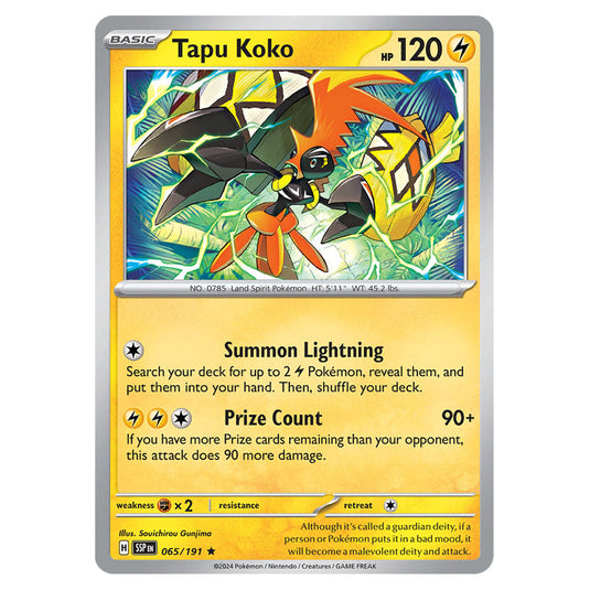 Tapu Koko 065 card from the Pokemon set Surging Sparks