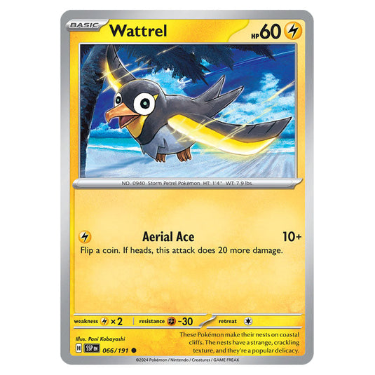 Wattrel 066 card from the Pokemon set Surging Sparks