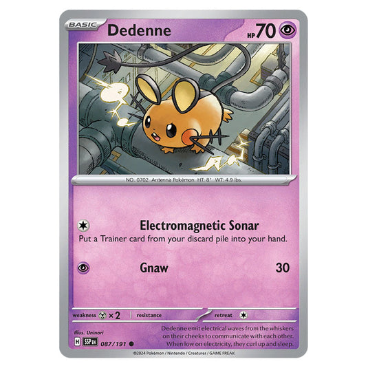 Dedenne 087 card from the Pokemon set Surging Sparks