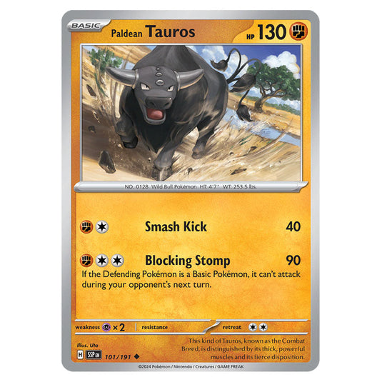 Paldean Tauros 101 card from the Pokemon set Surging Sparks