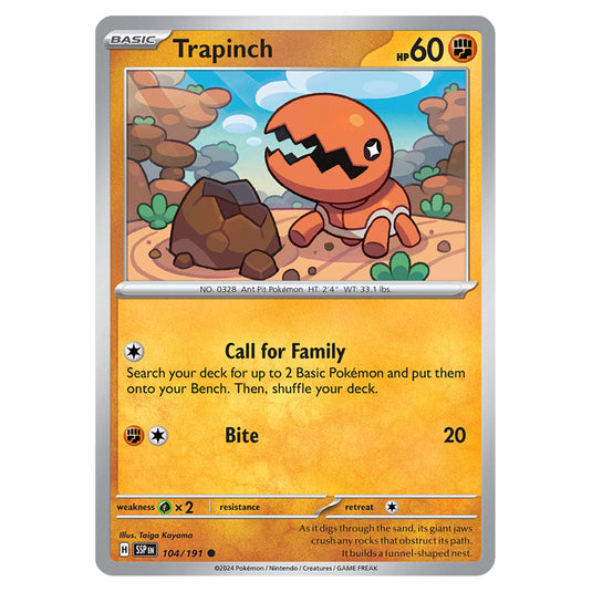 Trapinch 104 card from the Pokemon set Surging Sparks