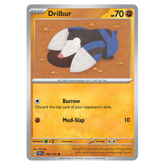 Drilbur 108 card from the Pokemon set Surging Sparks