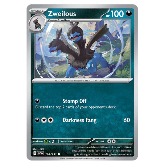 Zweilous 118 card from the Pokemon set Surging Sparks