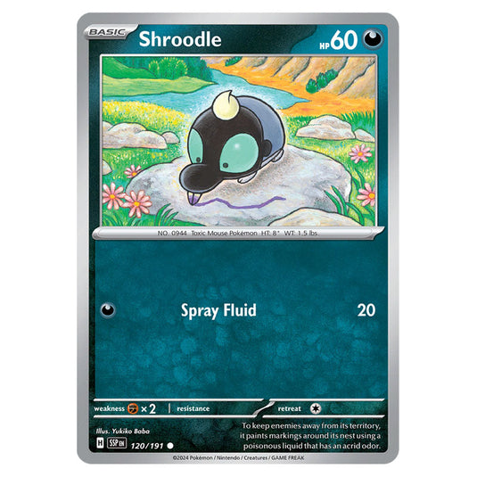 Shroodle 120 card from the Pokemon set Surging Sparks