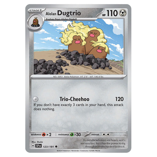 Alolan Dugtrio 123 card from the Pokemon set Surging Sparks