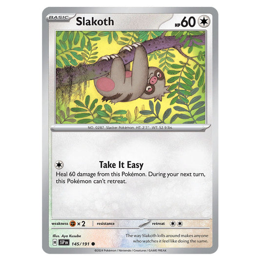 Slakoth 145 card from the Pokemon set Surging Sparks