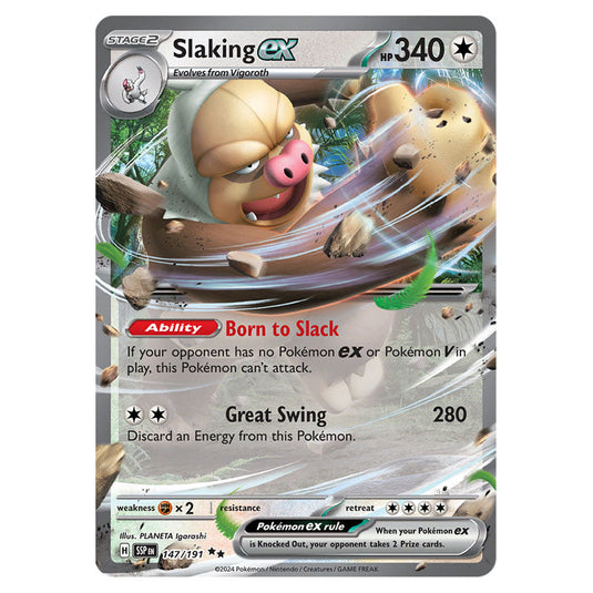 Slaking ex 147 card from the Pokemon set Surging Sparks