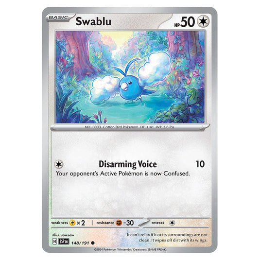 Swablu 148 card from the Pokemon set Surging Sparks