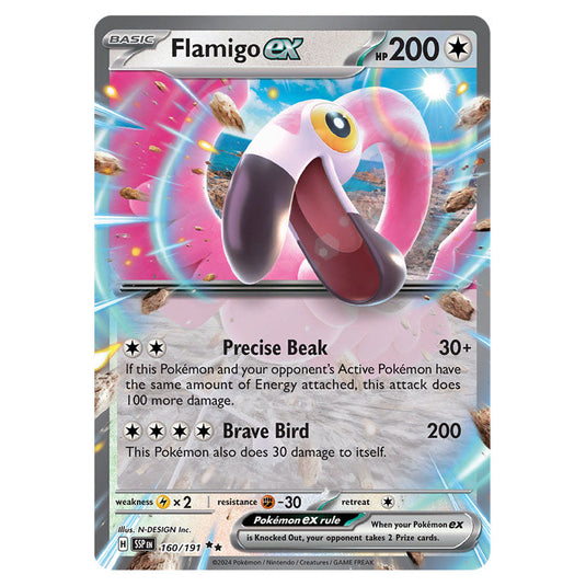 Flamigo ex 160 card from the Pokemon set Surging Sparks