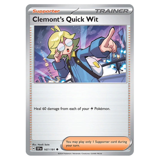 Clemont's Quick Wit 167 card from the Pokemon set Surging Sparks