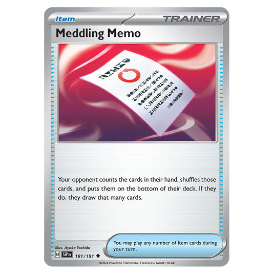 Meddling Memo 181 card from the Pokemon set Surging Sparks