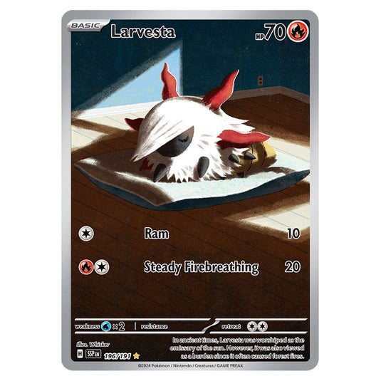 Larvesta 196 card from the Pokemon set Surging Sparks