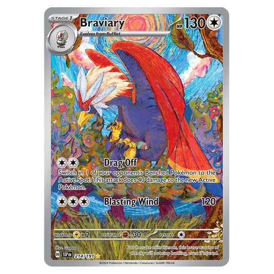 Braviary 214 card from the Pokemon set Surging Sparks