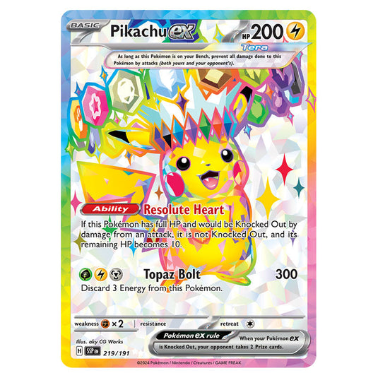 Pikachu ex 219 card from the Pokemon set Surging Sparks