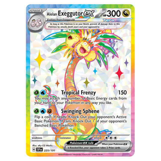 Alolan Exeggutor ex 225 card from the Pokemon set Surging Sparks