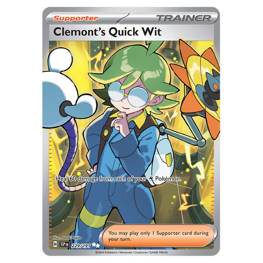 Clemont's Quick Wit 229 card from the Pokemon set Surging Sparks