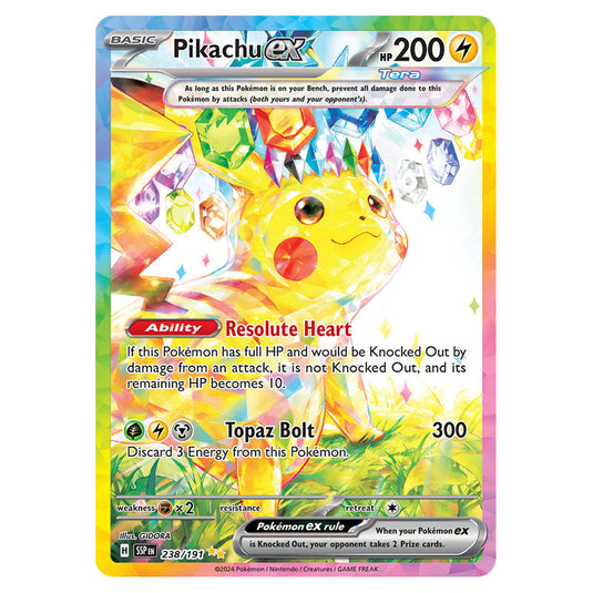 Pikachu ex 238 card from the Pokemon set Surging Sparks