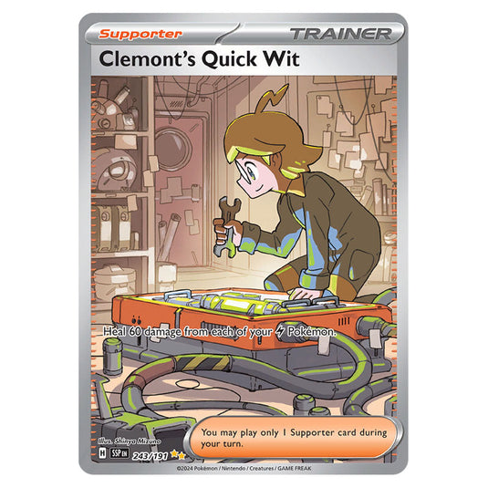 Clemont's Quick Wit 243 card from the Pokemon set Surging Sparks