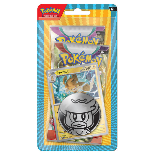 A front product photo of the Pokemon 2 Pack Blister Pawmot. It features a Pawmot Promo Card, 2 Booster Packs and a Quaxly Coin.