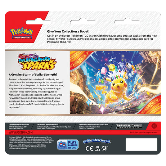 Pokemon Scarlet and Violet Surging Sparks 3 Pack Blister back