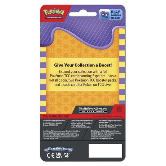 The Back of a Pokemon 2 Pack Blister Espathra. It has product contents written on the back.