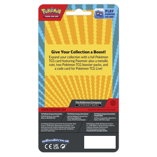 The back of the Pokemon 2 Pack Blister Pawmot. The back of the product has information on whats inside of this product.