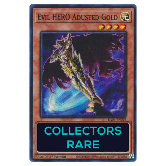 Evil HERO Adusted Gold RA04-EN029-CR card from the Yu-Gi-Oh! set Quarter Century Stampede