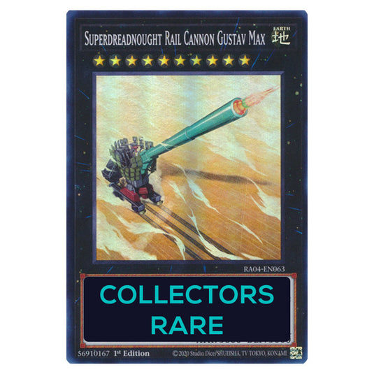 Superdreadnought Rail Cannon Gustav Max RA04-EN063-CR card from the Yu-Gi-Oh! set Quarter Century Stampede