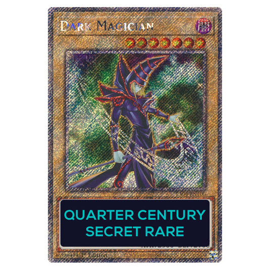 Dark Magician (7th Artwork) RA04-EN10c-QCSR card from the Yu-Gi-Oh! set Quarter Century Stampede