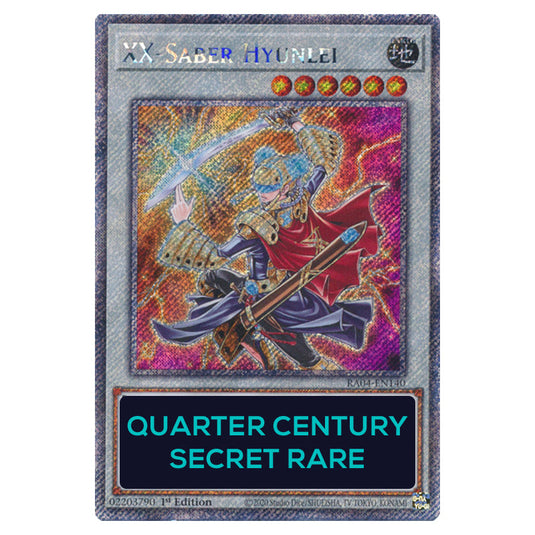 XX-Saber Hyunlei RA04-EN140-QCSR card from the Yu-Gi-Oh! set Quarter Century Stampede