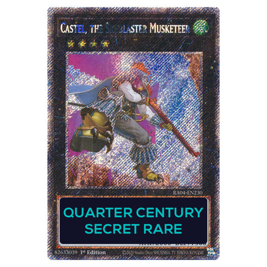 Castel, the Skyblaster Musketeer RA04-EN230-QCSR card from the Yu-Gi-Oh! set Quarter Century Stampede