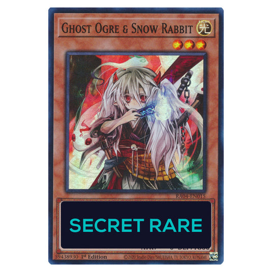 Ghost Ogre & Snow Rabbit RA04-EN015-SCR card from the Yu-Gi-Oh! set Quarter Century Stampede
