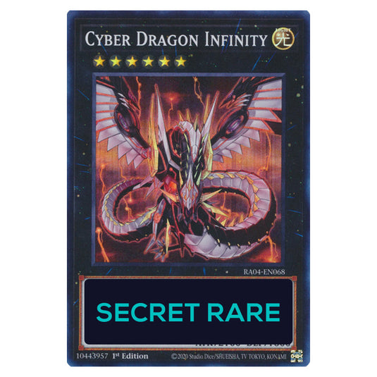Cyber Dragon Infinity RA04-EN068-SCR card from the Yu-Gi-Oh! set Quarter Century Stampede