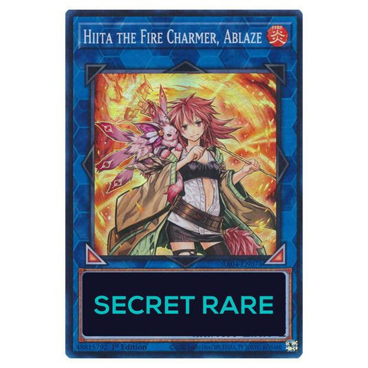 Hiita the Fire Charmer, Ablaze RA04-EN074-SCR card from the Yu-Gi-Oh! set Quarter Century Stampede