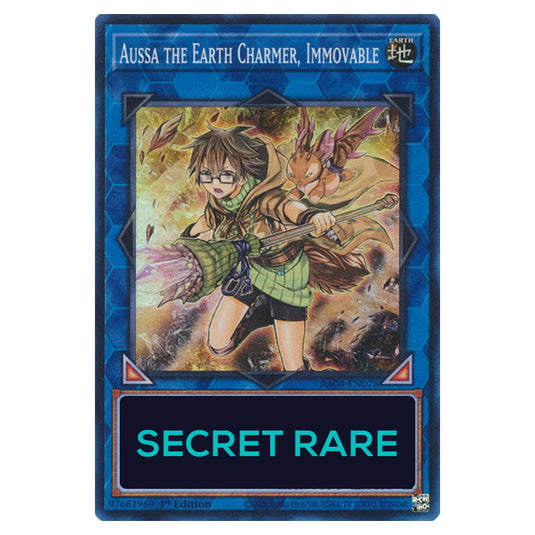 Aussa the Earth Charmer, Immovable RA04-EN078-SCR card from the Yu-Gi-Oh! set Quarter Century Stampede