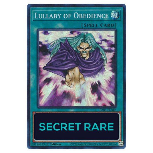 Lullaby of Obedience RA04-EN085-SCR card from the Yu-Gi-Oh! set Quarter Century Stampede