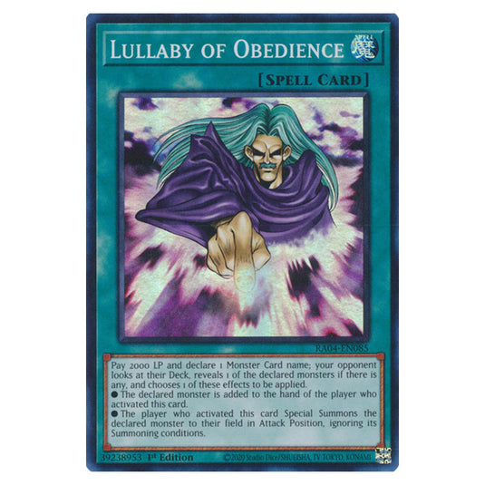 Lullaby of Obedience RA04-EN085-SR card from the Yu-Gi-Oh! set Quarter Century Stampede