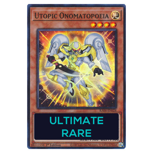Utopic Onomatopoeia RA04-EN028-UTR card from the Yu-Gi-Oh! set Quarter Century Stampede