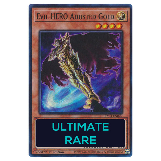 Evil HERO Adusted Gold RA04-EN029-UTR card from the Yu-Gi-Oh! set Quarter Century Stampede