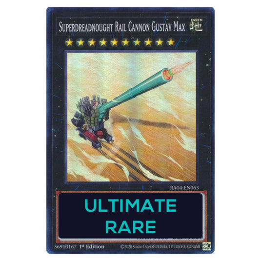 Superdreadnought Rail Cannon Gustav Max RA04-EN063-UTR card from the Yu-Gi-Oh! set Quarter Century Stampede