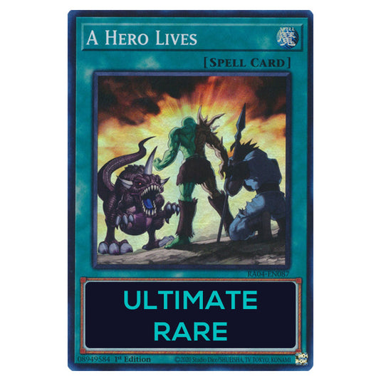 A Hero Lives RA04-EN087-UTR card from the Yu-Gi-Oh! set Quarter Century Stampede