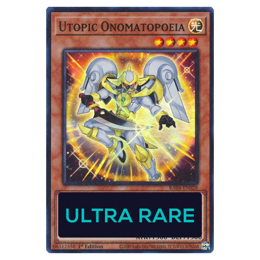 Utopic Onomatopoeia RA04-EN028-UR card from the Yu-Gi-Oh! set Quarter Century Stampede